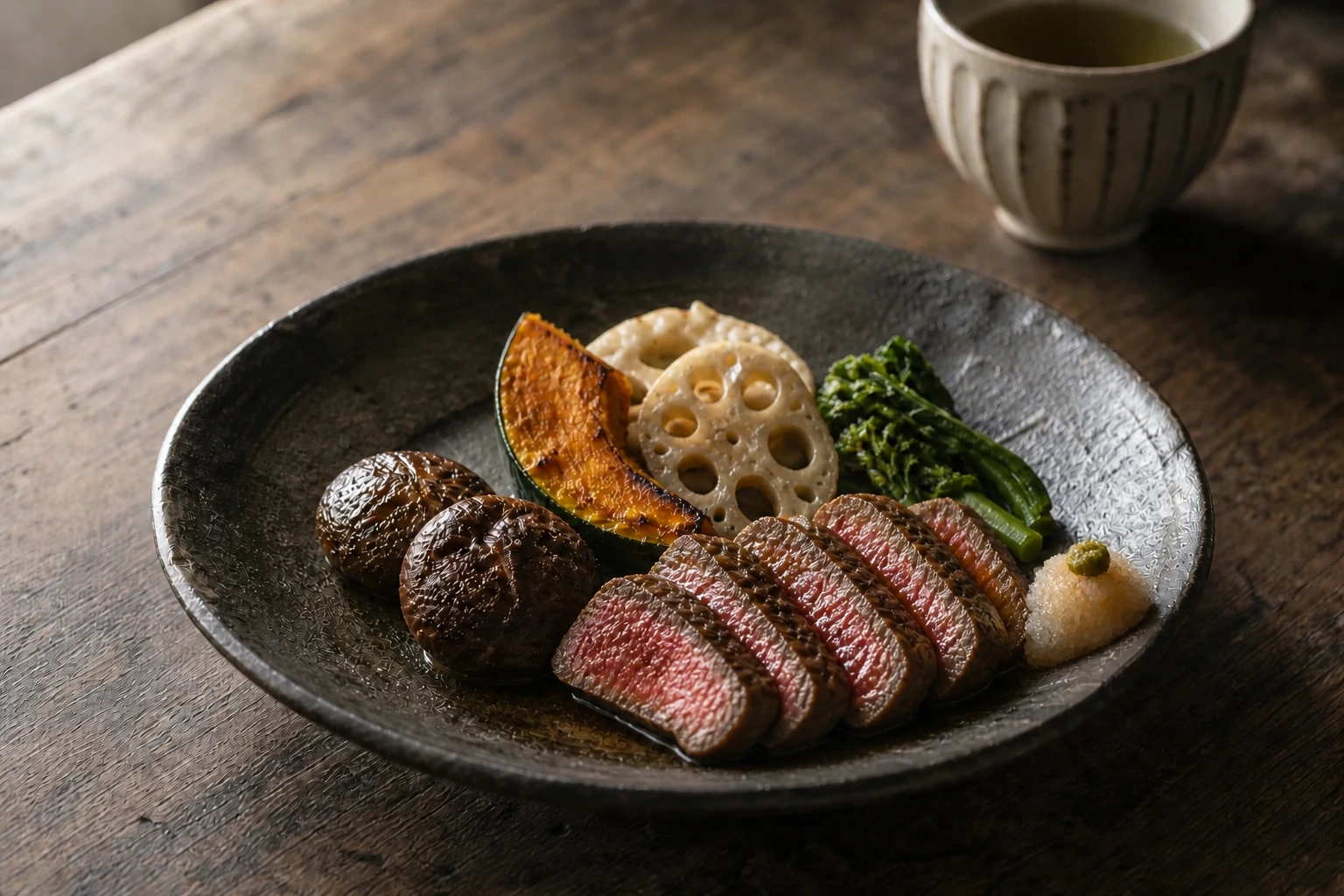 牛肉と季節の野菜を盛り付けた一皿