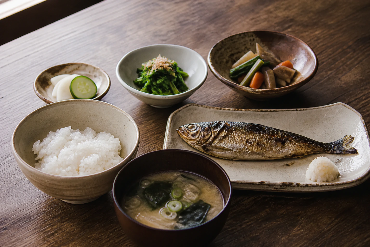 温かい汁ものと季節の野菜の朝食