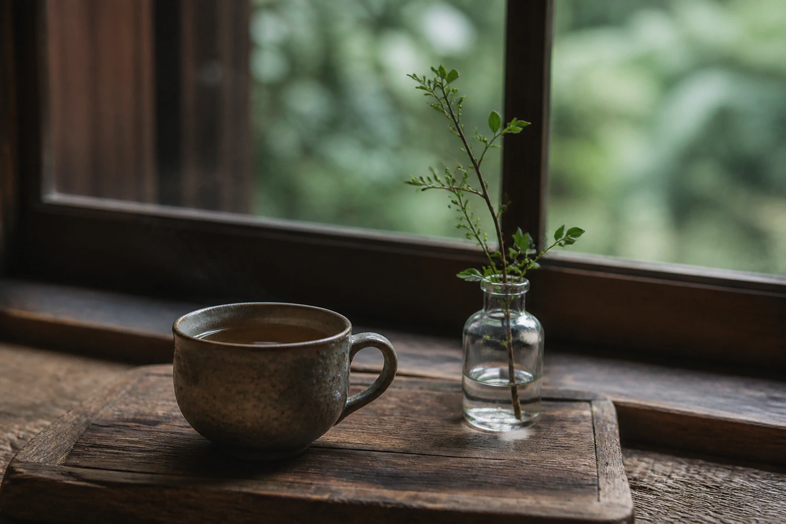 湯気の立つお茶と小さな花